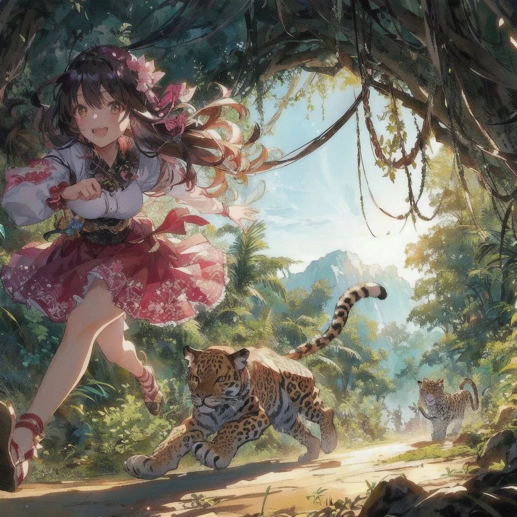Anime girl running through the jungle with a fanged leopard, Crazy Smile,Anime fantasy illustration, 2. 5 d cgi Anime fantasy artwork, Anime fantasy artwork, Anime Style 4k, 4K Manga Wallpapers, Fantasy art style, Beautiful anime art, Anime illustration, Fantasy-style anime, Anime Nature, anime art wallpaper 4k, anime art wallpaper 4k, Detailed digital anime art