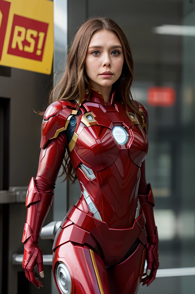 Elizabeth Olsen in an Iron Man suit, full figure, with fight pse