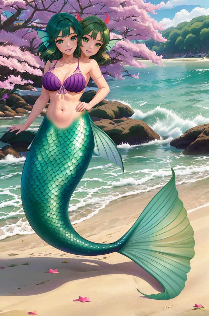 masterpiece, best quality:1.2), 1girl, smile, looking at viewer, green eyes, short brown hair, green hair, mermaid, mermaid girl, wearing purple seashell bra, laying on beach, colorful mermaid tail, outdoors, head fins, fin ears, under cherry blossoms, conjoined, (two heads: 1,5), two-headed