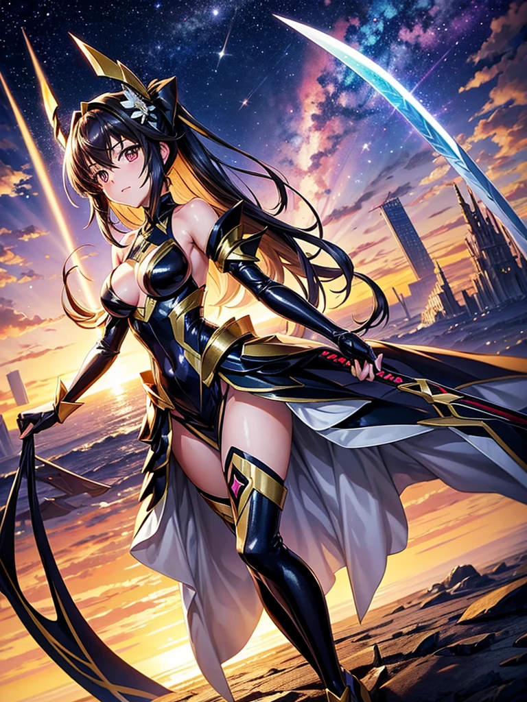 Highest quality,Highest Resolution,A beautiful girl in a metallic high-leg outfit, like Tsukuyomi Shirabe from Symphogear,Earth Behind,universe,Milky Way,Black Hair,Sword１I have it in my hand,