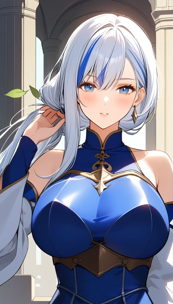 One girl, blue eyes, long hair, white hair, (((blue-streaked white hair))), french braids, delicate and flexible eyes, knightly attire, FOV, , ancient civilization's ruins background, blue sky, falling leaves, front portrait shot, face focus,  (((bare shoulders))), front bangs, (((asymmetrical hair))), knight lady, (((female knight blue attire))), looking at viewers, (((big breasts))), (((untied hair))), (((detached sleeves))), (patterned breastplate), (patterned breast armor), from front, face photoshot,long chandelier earrings,huge earrings, silver earrings,long earrings 