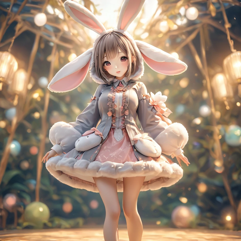 A woman wearing a furry bunny costume，Wearing big bunny ears, full-body shot, Wide Angle, Lovely又充满童真表情, Professional Portraits, Super Fine 8K, high resolution, Detailed facial features, Detailed clothing, Soft Light, excellent, fantasy, Soft colors, Lovely