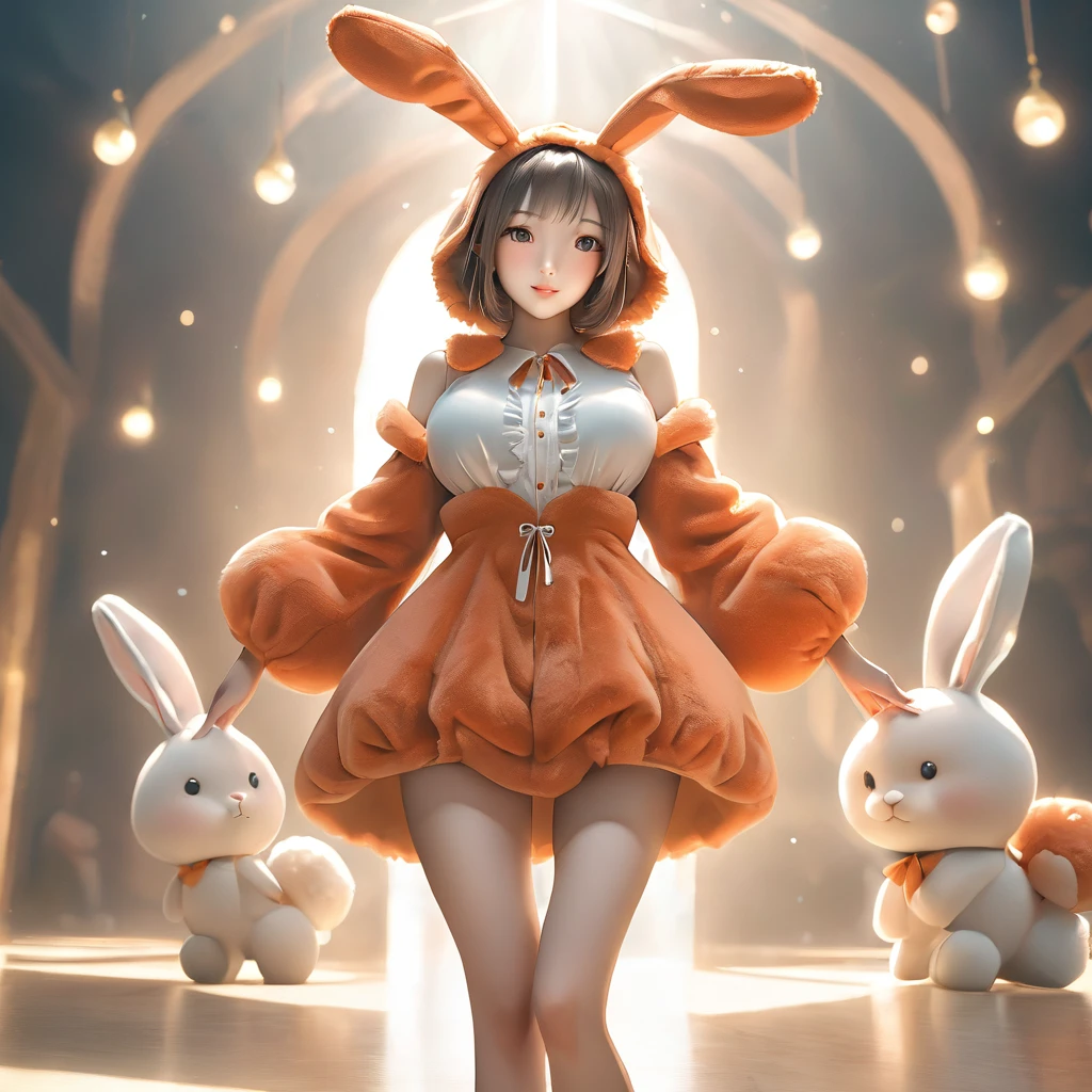 A woman wearing a furry bunny costume，Wearing big bunny ears, full-body shot, Wide Angle, Lovely又充满童真表情, Professional Portraits, Super Fine 8K, high resolution, Detailed facial features, Detailed clothing, Soft Light, excellent, fantasy, Soft colors, Lovely