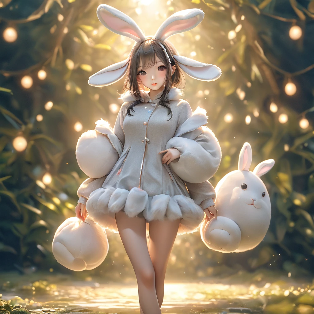 A woman wearing a furry bunny costume，Wearing big bunny ears, full-body shot, Wide Angle, Lovely又充满童真表情, Professional Portraits, Super Fine 8K, high resolution, Detailed facial features, Detailed clothing, Soft Light, excellent, fantasy, Soft colors, Lovely