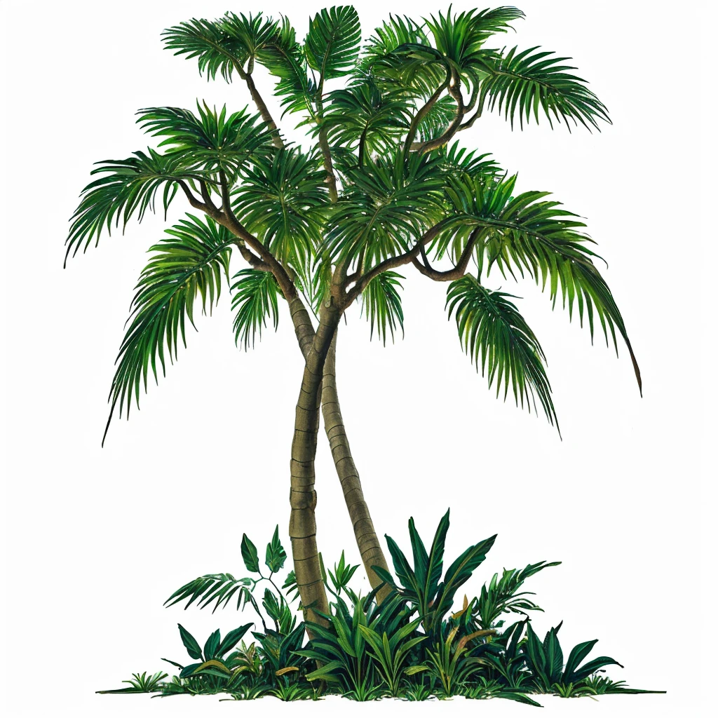 a cartoon Palm tree with a green trunk and leaves, abstract tropical landscape, Background is jungle, Background Jungle, The background is a dense jungle, green Jungle Background, Jungle Background, Jungle as background, Jungle Background, Jungle Background with ruins, a Palm tree, Tropical trees, Game assets for plants and trees, background technology, Palm tree