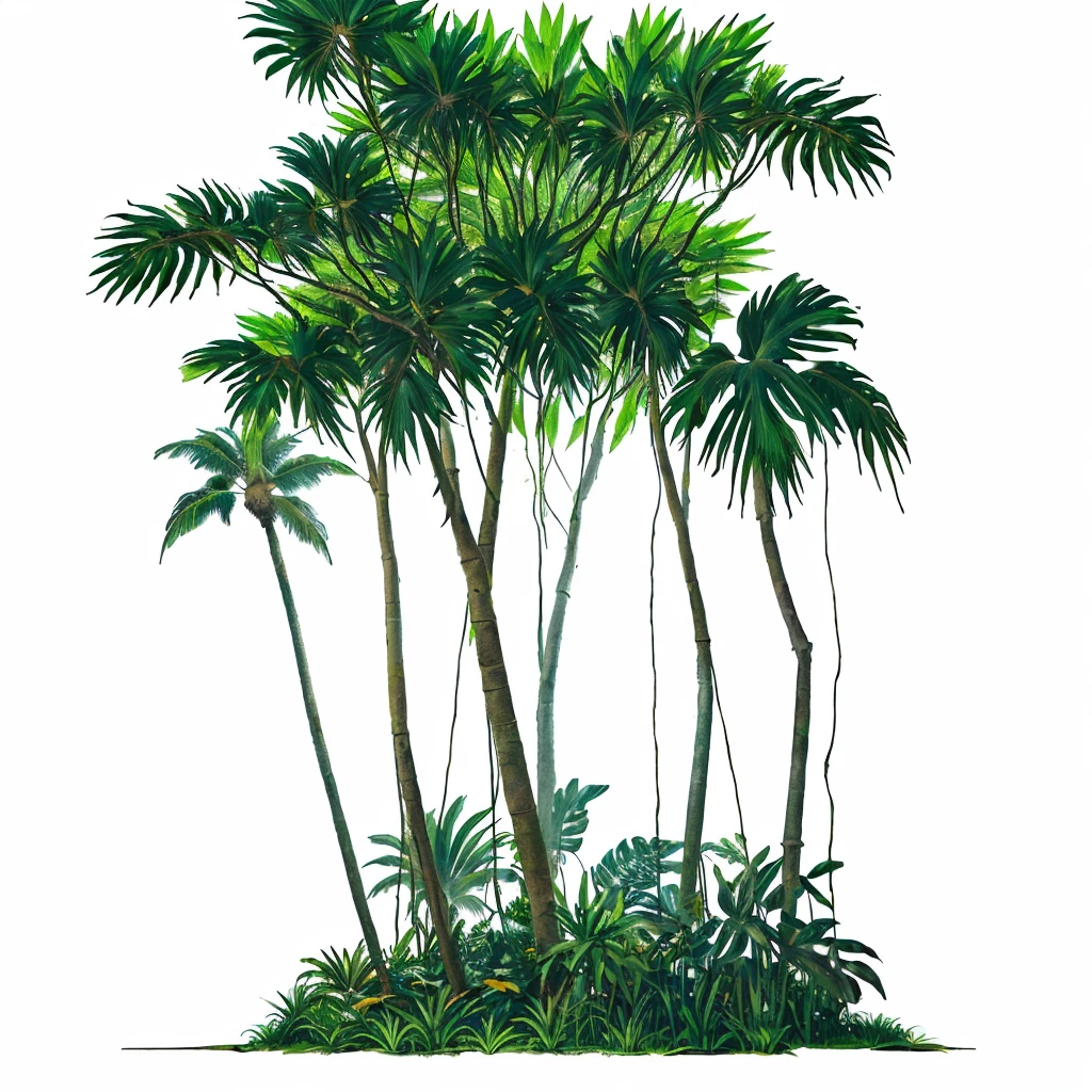 a cartoon Palm tree with a green trunk and leaves, abstract tropical landscape, Background is jungle, Background Jungle, The background is a dense jungle, green Jungle Background, Jungle Background, Jungle as background, Jungle Background, Jungle Background with ruins, a Palm tree, Tropical trees, Game assets for plants and trees, background technology, Palm tree