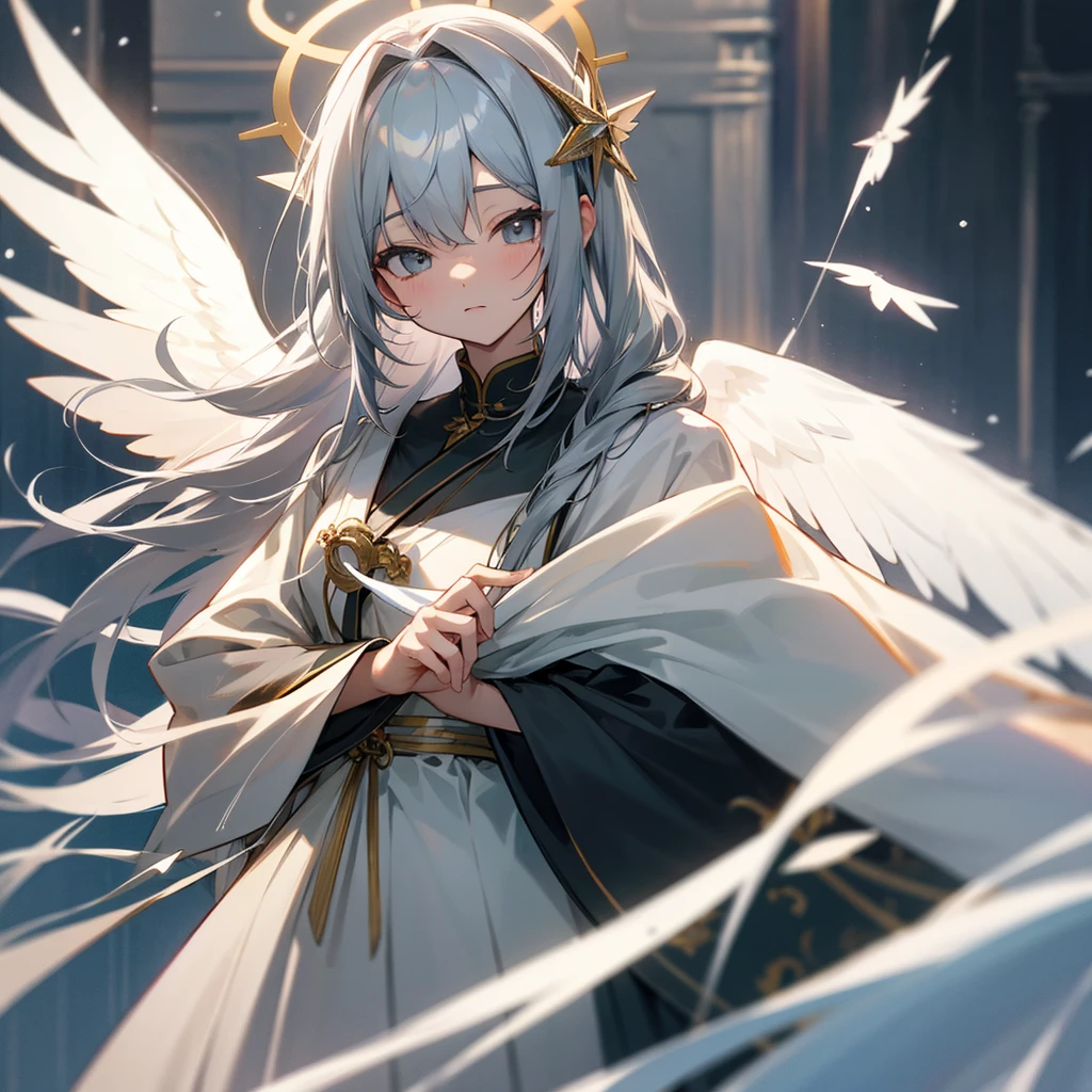 Gray Hair Lots of decorations in the hair、God Aura、
Angel Halo、wing、from the front、High quality image