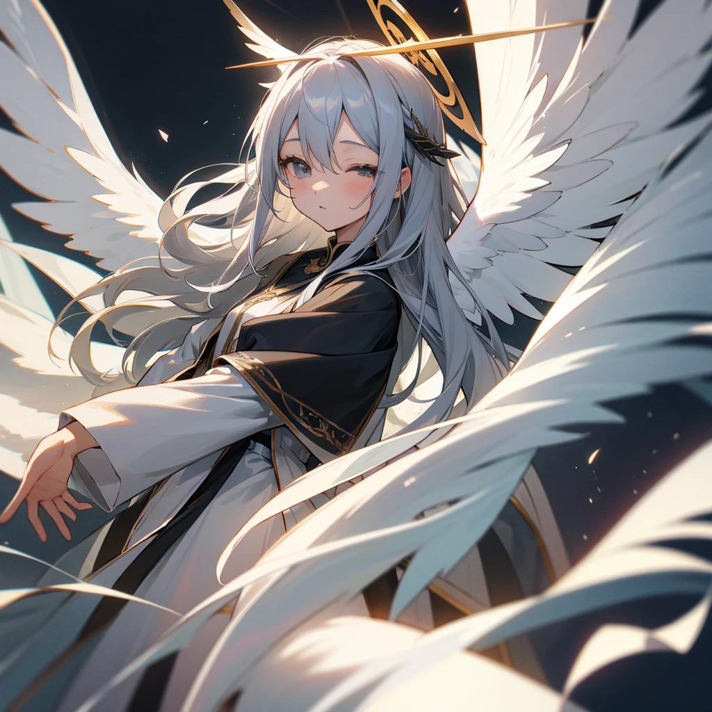 Gray Hair　Lots of decorations in the hair、God Aura、
Angel Halo、wing、from the front、High quality image