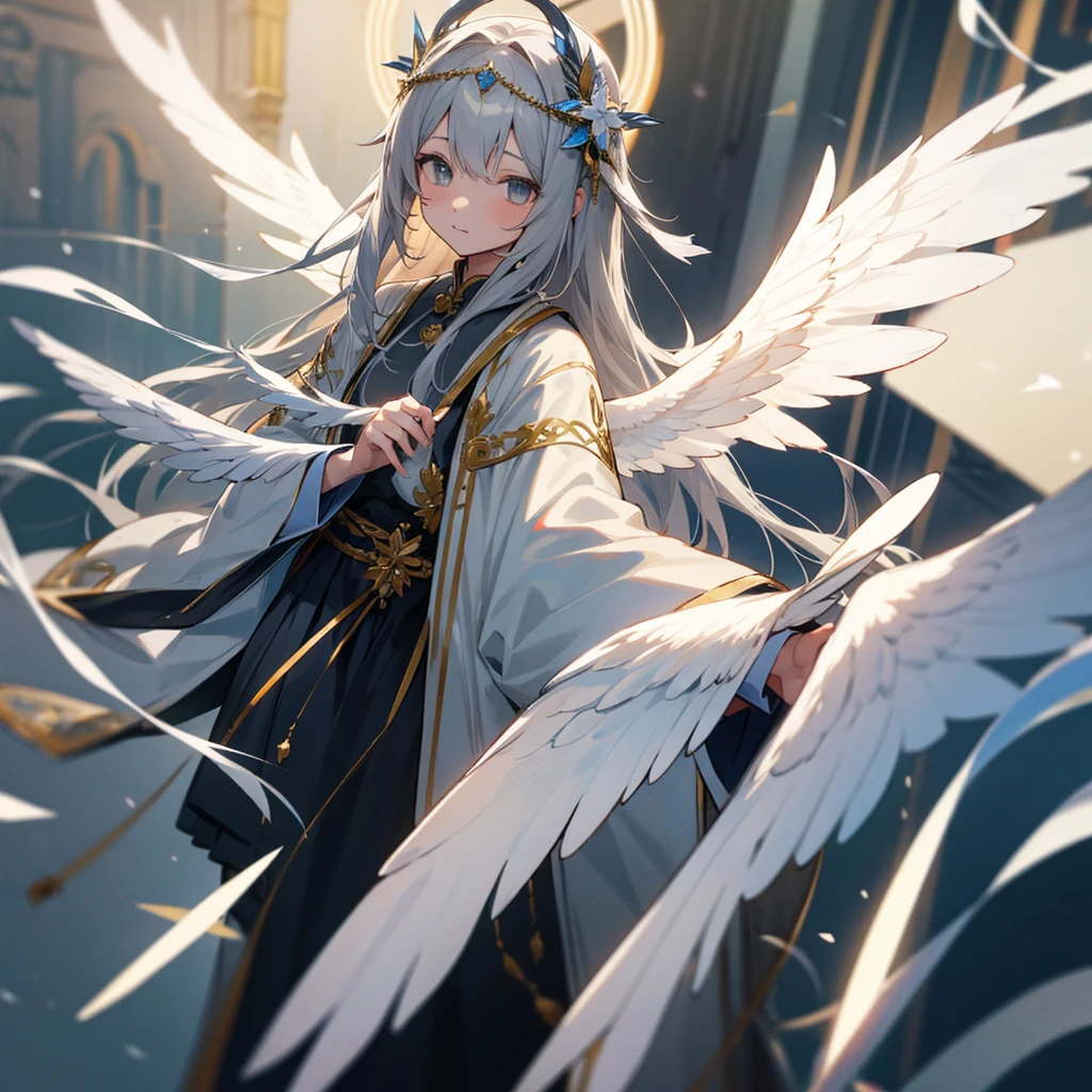Gray Hair Lots of decorations in the hair、God Aura、
Angel Halo、wing、from the front、High quality image