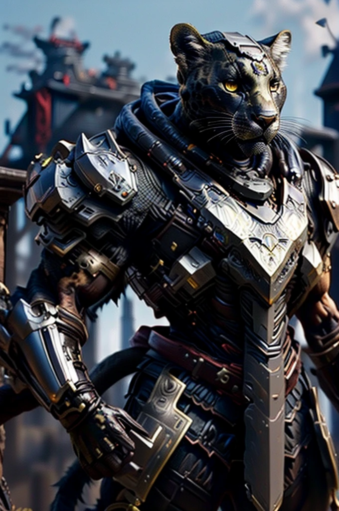 an anthropomorphic black leopard dressed in battle armor on the battlefield carrying a rifle and a shield, masterpiece, best, photo realistic