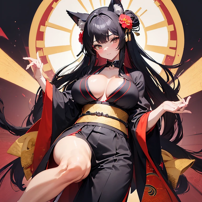 (Fox Girl, Fox Ears, Black colored hair, Fox Makeup, One Girl, Long Hair:1.2), (kimono, Kimono with open chest, A beautiful kimono with red and black patterns, I can see her cleavage, Open chest, Exposed skin:1.8), (Body size is 100-70-90!, Nice body, Big Breasts, Soft breasts, Emphasize cleavage, One leg is slightly visible, Muscular, Abdominal muscles, Grab your own chest:1.9), Avatar, face, lewd face, Dominant representation, naughty face, Uplifting, Skin Texture, outside, Grassy field