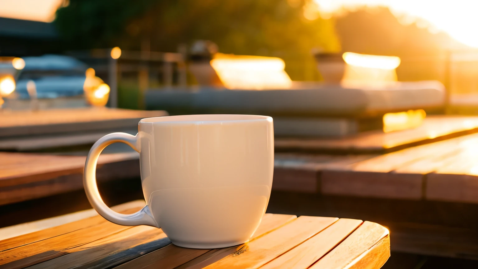 Using a mug as a subject Cafe terrace where the setting sun shines