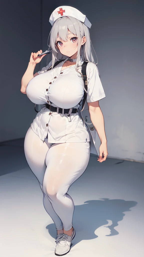 ((blank background)), masterpiece, best quality, silver hair, (big breast:1), ((full body framing)), symmetry, nurse woman, nurse uniform, nurse cap, long pants, ((curvy)), wide hips, ((thick thighs)), only white, all white, belt below navel, ((lab coat))