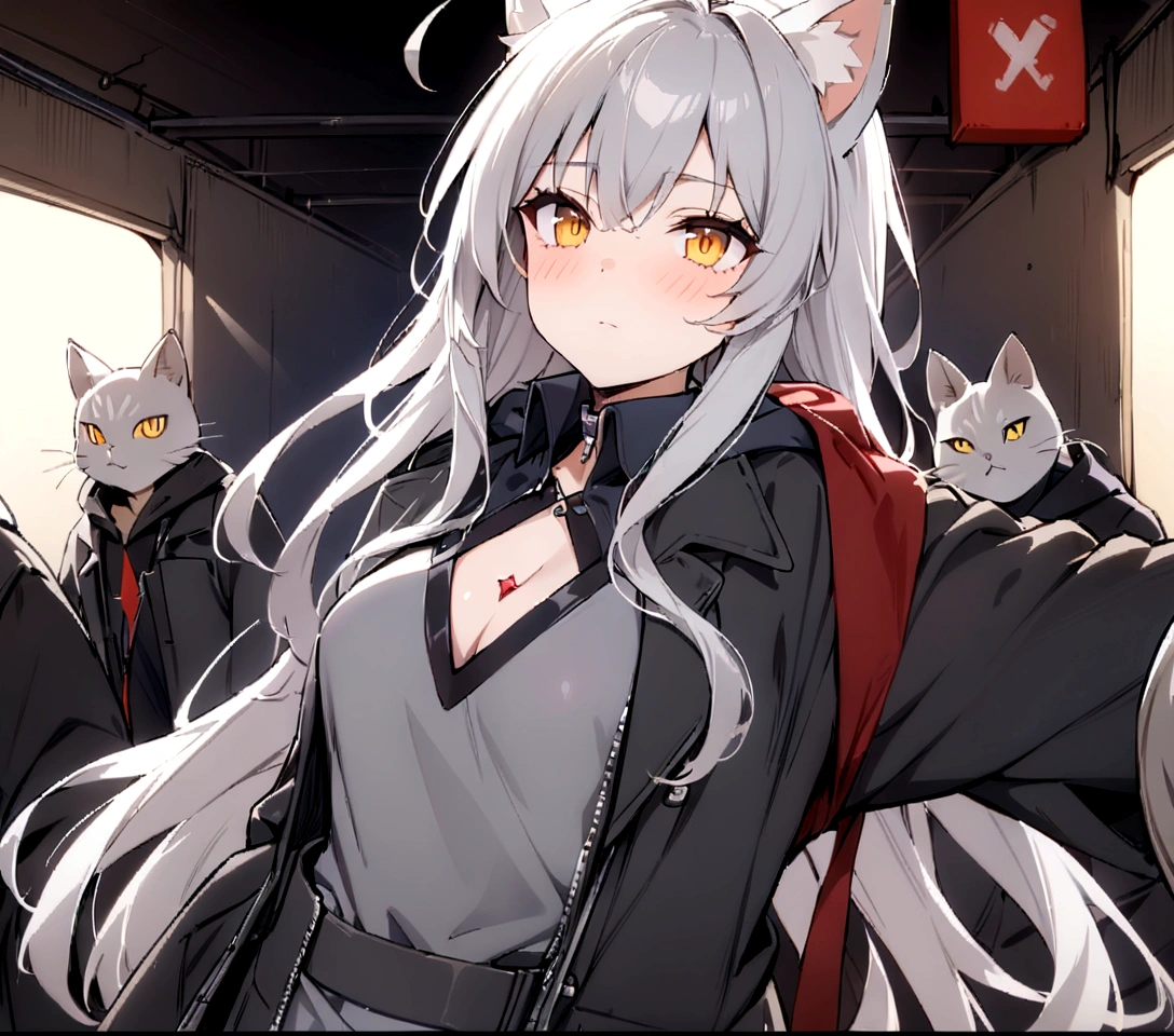 whole body、Raising the German flag in the conference room、Serious face、A large number of subordinates can be seen in the distance、Surrounded by operatives、Give a command、Secret Police Meeting Room、Gray cat ears、Gray cat ears、(masterpiece, best quality:1.2), 1girl, 独奏、Grey long hair、Ahoge、Yellow Eyes、Background of a military base with guns、Fisheye Lens、battlefield、Shadows of light and darkness、Expressionless、battle、Gray trench coat、Put a black hoodie over your arm、Surrounded by enemies、Zip hoodie worn over the arm、whole body