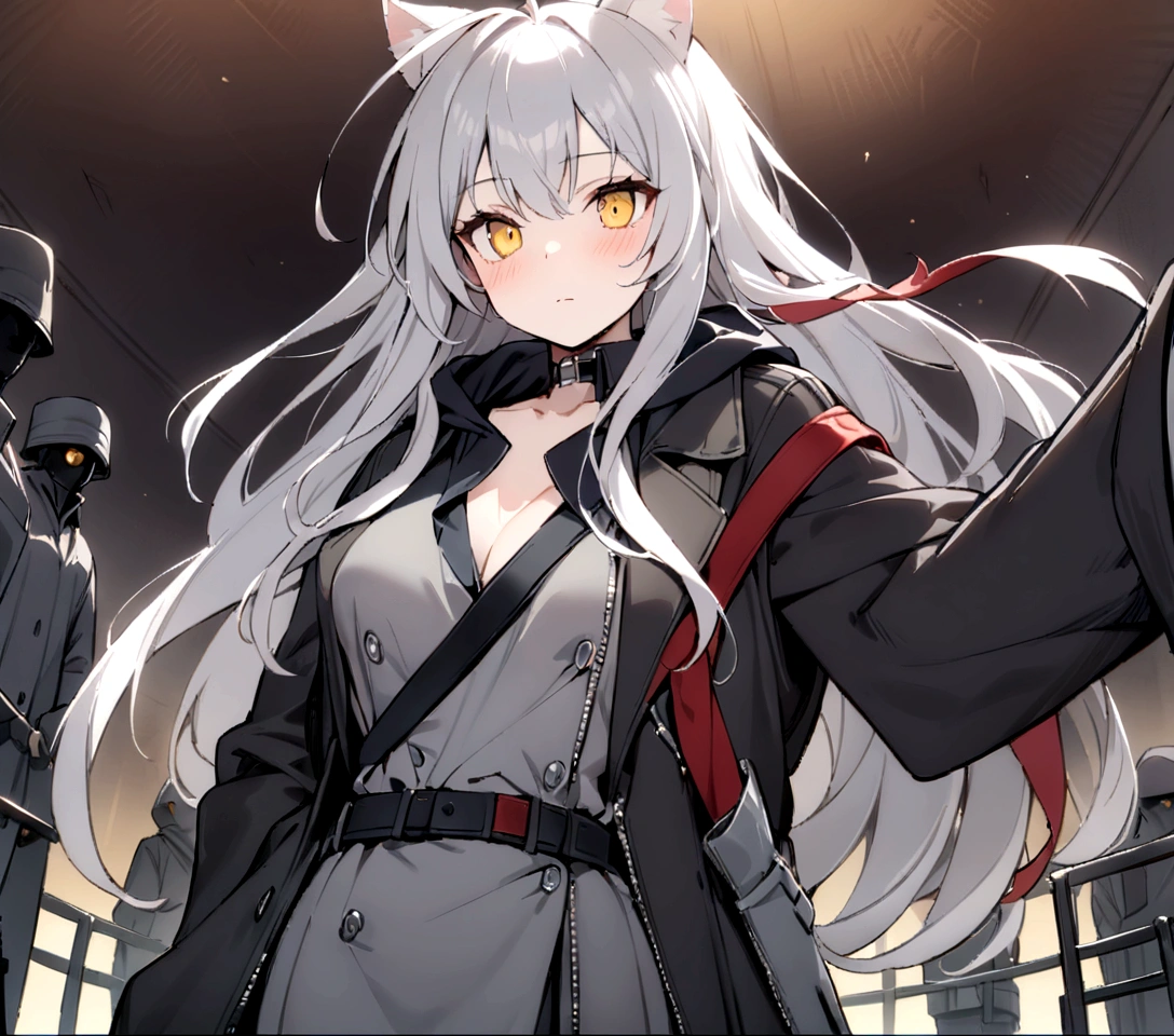 Gray cat ears、Gray cat ears、(masterpiece, best quality:1.2), 1girl, 独奏、Grey long hair、Ahoge、Yellow Eyes、Background of a military base with guns、Fisheye Lens、battlefield、Shadows of light and darkness、Expressionless、battle、Gray trench coat、Put a black hoodie over your arm、Surrounded by enemies、Zip hoodie worn over the arm