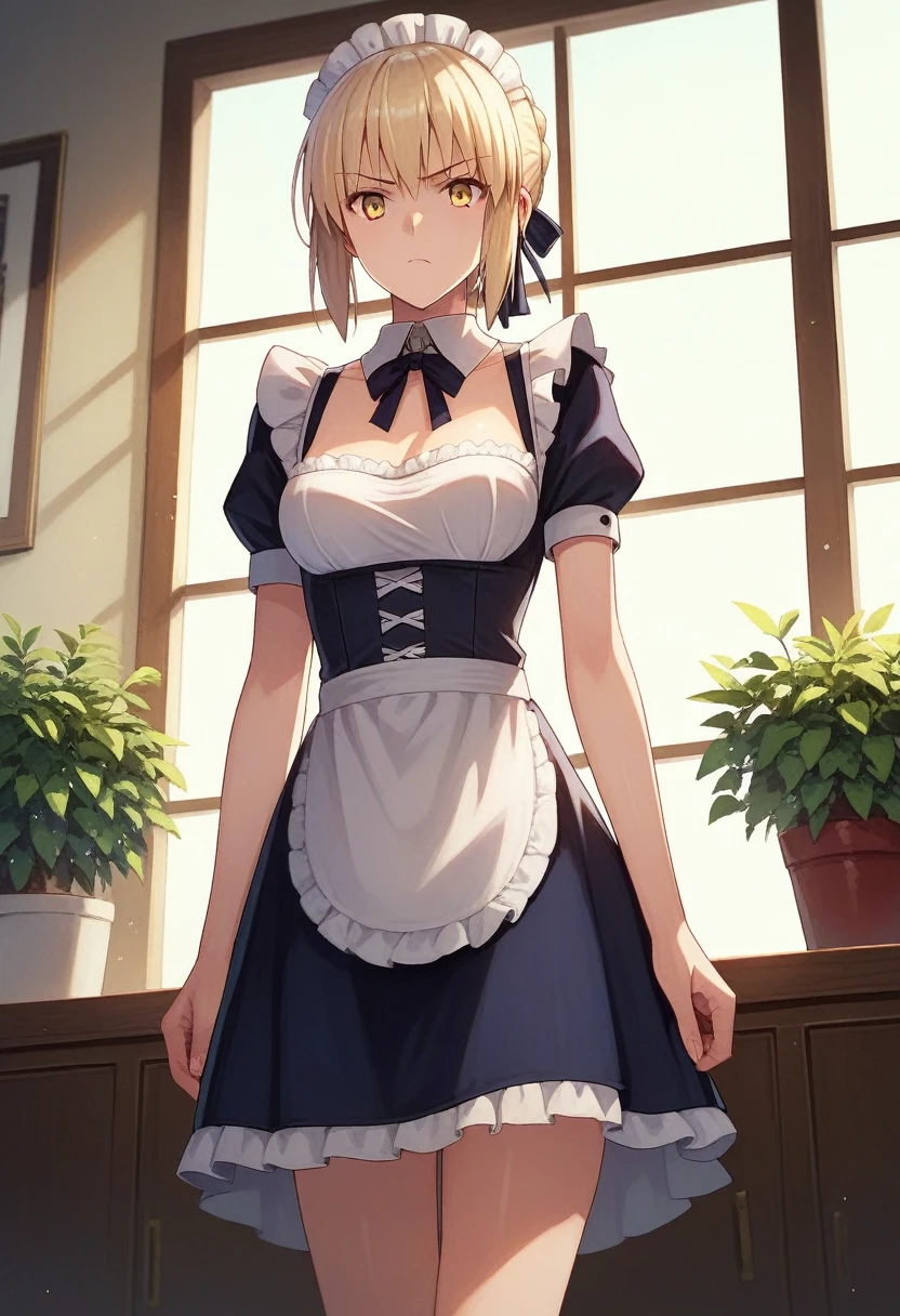 score_9, score_8_up, score_7_up, score_6_up, score_5_up, score_4_up, BREAK source_anime, 1girl, clothed, saber alter, indoors, potted plant, window, sunlight, by kasumi \(skchkko\), looking at viewer, serious, dutch angle, (maid uniform:1.1), braid