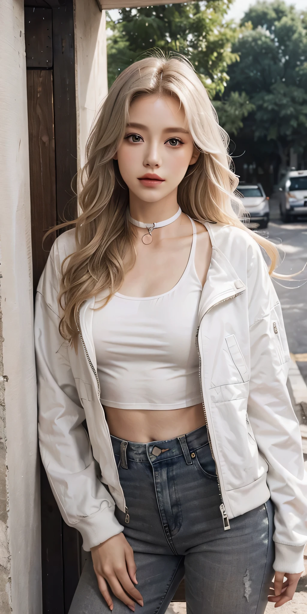1girl, medium breasts, blonde hair, long hair, wavy hair, grey eyes, white feathered wings, angel, outdoors, white jacket, choker, tank top, jeans