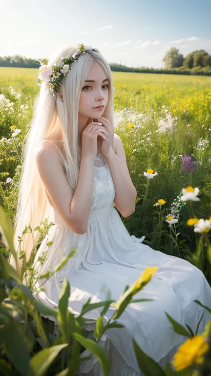 (masterpiece, best quality),1girl with long white hair sitting in a field of green plants and flowers, her hand under her chin, warm lighting, white dress, blurry foreground