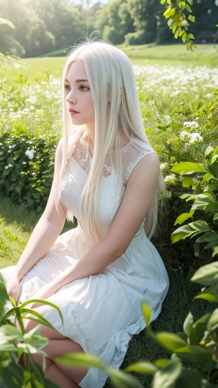 (masterpiece, best quality),1girl with long white hair sitting in a field of green plants and flowers, her hand under her chin, warm lighting, white dress, blurry foreground