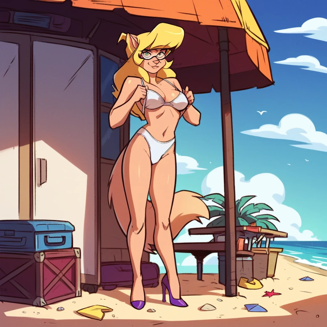 score_9, score_8_up, score_7_up, score_6_up, score_5_up, score_4_up, (Source furry), (rating nsfw), 1girl solo, outdoors, beachfront, looking at viewer, glasses, callie briggs, detailed, detailed fur, putting on bra, standing, full view, legs, purple heels, white panties, no top, thicc, beach, blonde hair, eyes open, hot, kinky, 