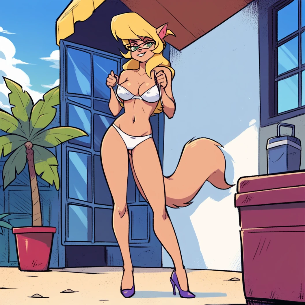 score_9, score_8_up, score_7_up, score_6_up, score_5_up, score_4_up, (Source furry), (rating nsfw), 1girl solo, outdoors, beachfront, looking at viewer, glasses, callie briggs, detailed, detailed fur, putting on bra, standing, full view, legs, purple heels, white panties, no top, thicc, beach, blonde hair, eyes open, hot, kinky, 