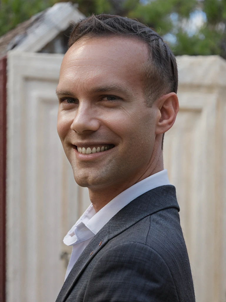 masterpiece, high quality, illustration, man, Todder8 movie style, home, house, suit, smiling, close up