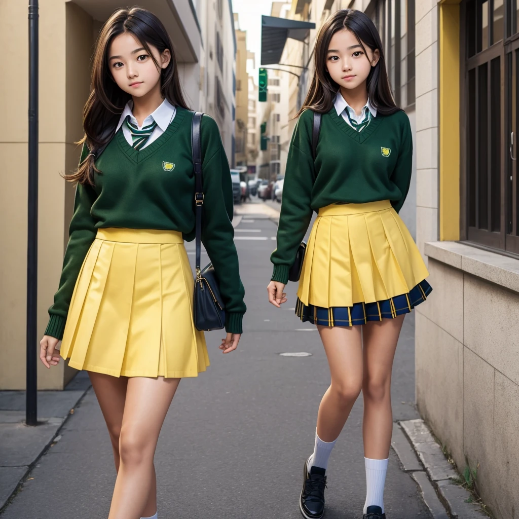  girl,Perfect face,school style,Yellow skirt,verde sweater,