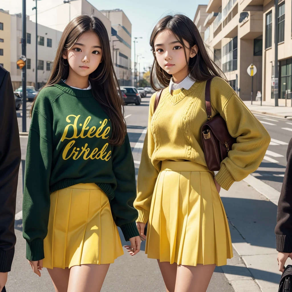  girl,Perfect face,school style,Yellow skirt,verde sweater,