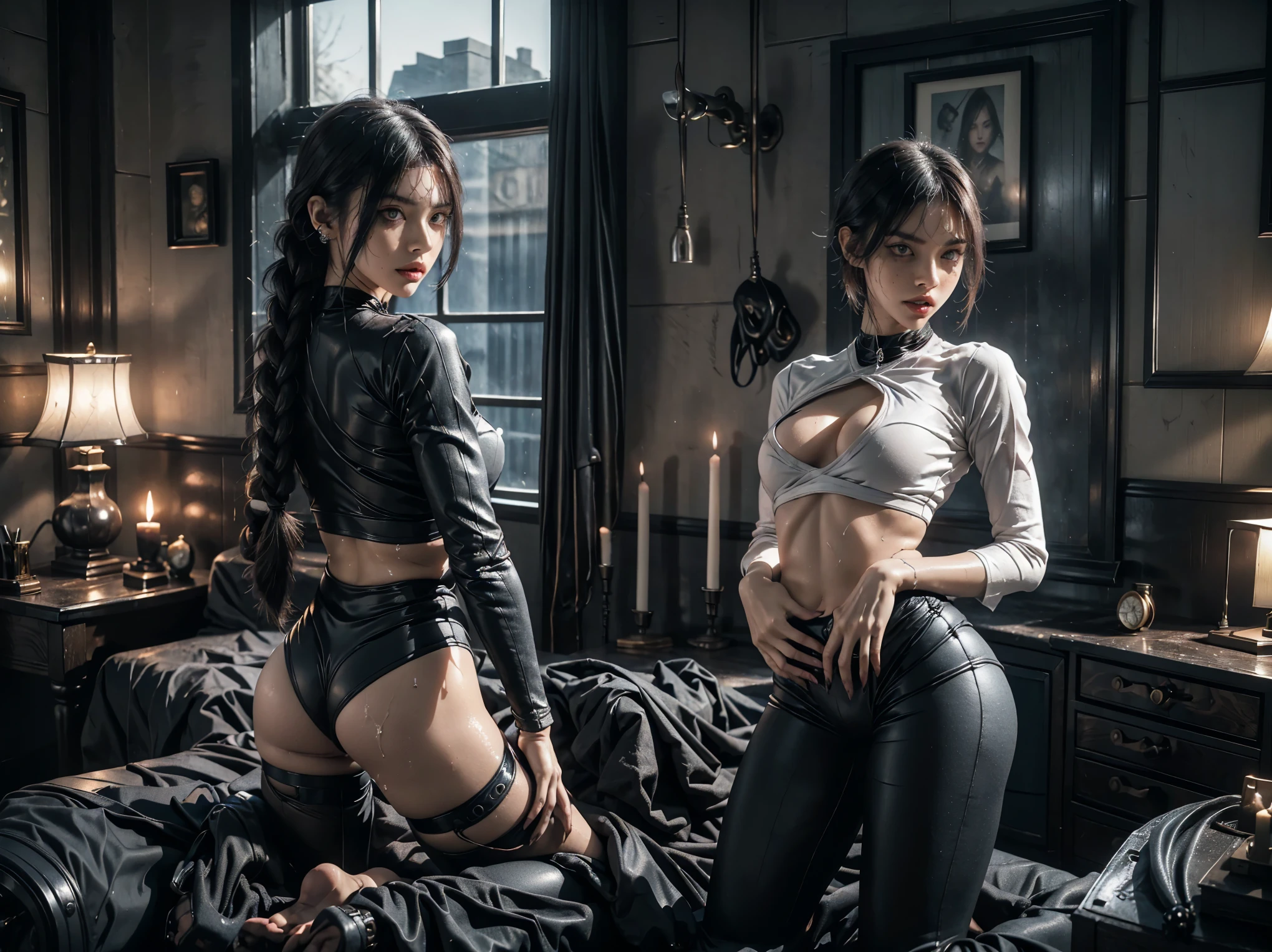 braided ponytails, Slutty skintight Full , ((slutty braided hair)), ((She is in your bedroom being slutty )), Perfect back view of her tight , full body picture, she is a  slut, Perfect proportions, she has a perfect ... she wants to put your tiny shrunken body deep inside of her , short hair with bangs and ponytails, beautiful horror, domination, death by  insertion, skinny  and slutty woman, she needs to have your tiny shrunken body deep inside of her .... she wants you to choke inside of her , she is the embodiment of  domination and lust, she is perfect, you are her prey, you are about to die inside of her , small tight , giantess domination, human  toy, helpless, she is a giantess and she wants to use your tiny shrunken body as a human ..., perfect , perfect arms and hands, better detail on her eyes... make her eyes look scary and beautiful, perfect  and slutty athletic body, perky , wet, white , perfect tight , black hair, intense slutty transparent clothes, perfect legs andy thighs, tight wet , white dripping , ((Perfect eyes and face)), ((closed wet full lips)), ((perfect hands and fingers)), ((( a lot of white  is dripping out of her ))), ((she has a very skinny and toned strong body)), ((makeup)), ((freckles)), ((perfect eyebrows)), ((sharper edges)), ((perfect scary grey eyes)), perfect face, slut, sadistic, predatory, better detail on her skin, perfect face and strong jawline, perfect full wet lips, sadistic atmosphere, wet sweaty skin, beautiful intimidating grey eyes, ((beautiful horror)), better lighting, more toned muscles, perfect detail on her intimidating eyes, very tight , ((tight )), (((tighter clothing))), slutty, intense, perfect detail, ((piercings)), better detail on her bellybutton, skinny, skinny and strong, more skin showing, intense, slutty, freckles, long skinny perfect legs, scary and intense, super slutty