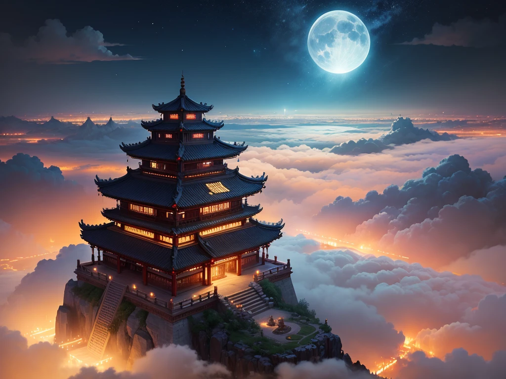 Chang'an City,ancient times,Big Scene,Sea of clouds,Broaden your horizons,Soft moonlight,Twinkling stars,sue,Digital illustration