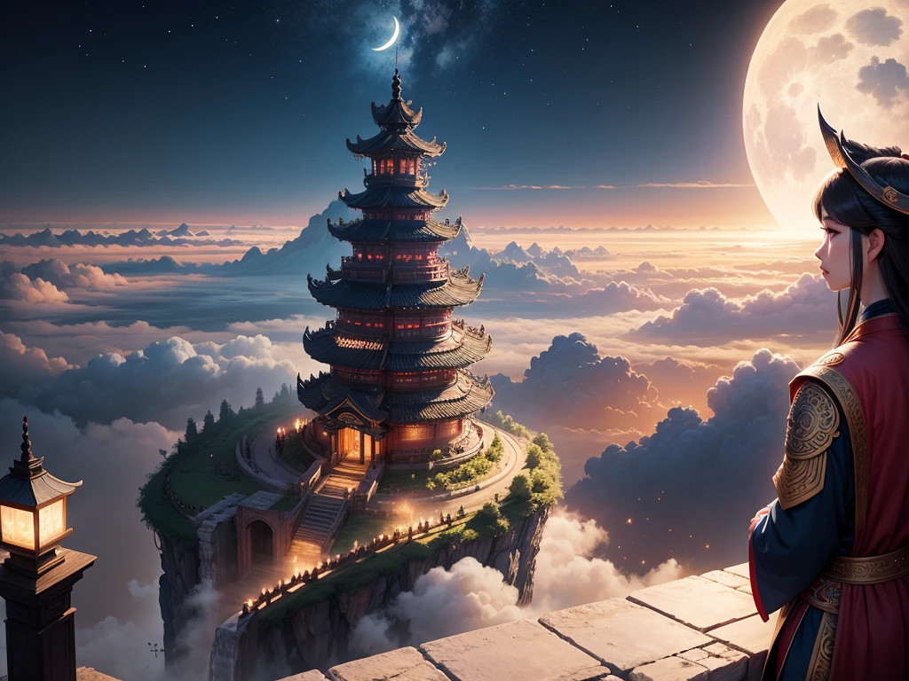 Chang'an City,ancient times,Big Scene,Sea of clouds,Broaden your horizons,Soft moonlight,Twinkling stars,sue,Digital illustration