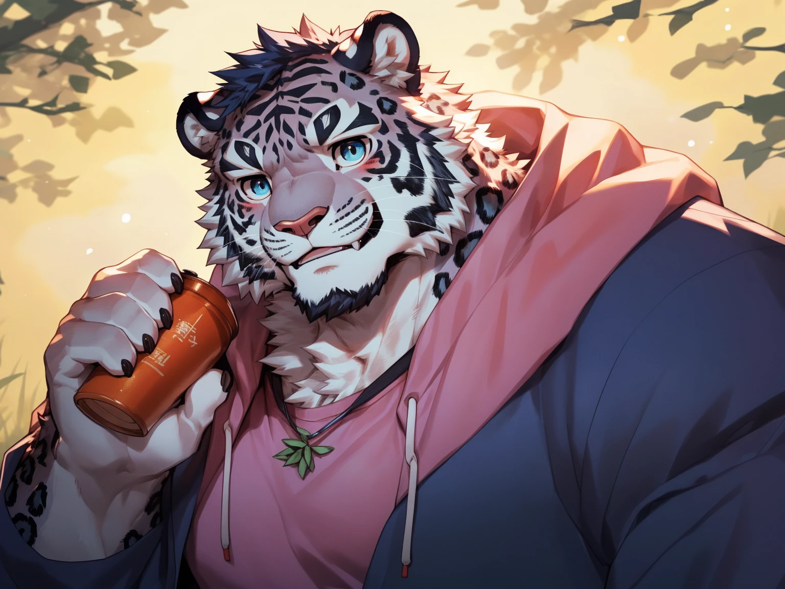 (Imagine:1.5), solitary, anthropology, hairy, hairy male, tiger, ((Fluffy fur, Fluffy, hairy body)), (Snow leopard print), (thick eyebrows), youth, muscular, The skin is white and big, Blue-gray pupils, Detailed teeth, , sideways, 害羞expression, 淡淡的Smile, blush, (動態posture:1.5), clear facial features, strong, majestic, solitary, panoramic, Fog atmosphere, early morning, Tyndall light effect, (author:ghost of emptiness, From Snow Leopard 20, masterpiece, high quality, High resolution,8K)Animal species**:tiger - **color**:black and white - **expression**:Smile,blush - **decorate**:Blue and pink wreath - **posture**:lying down,Hand reaching for the camera - **Scenes**:green grassland - **detail**:草原上有各式color的小花 - **visual angle**:俯視 - tiger躺在草地上,從俯visual angle度看過去。 - tiger的頭部微微傾斜,臉上帶著Smile,There is a slight blush on the cheeks。 - One hand reaches towards the camera,Seems to be greeting the audience。 - Wearing a wreath of blue and pink flowers on her head。 - 草地上有各種color的小花,background soft tones,Bright colors。(Pink sweatshirt:)Male Male Male Male
