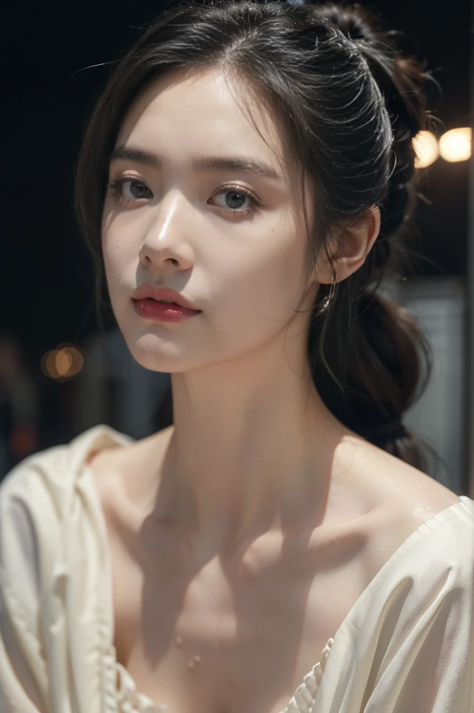 (((best quality))),(((ultra detailed))),(((masterpiece))),illustration,1girl, young,solo, slim,thin,short ponytail,small breasts,flat chest,strapless white bra,rainy night, heavy rain, drenched clothes, melancholy expression, solitude, tear rolling down cheek, wet hair, empty streets, dimly lit, deserted environment, sound of rain, footsteps, symbol of hope, abandoned, resilience, determination, walking in rain, heartbreak, loss, love fading, loneliness, body language, facial expression, dreary atmosphere, rain-soaked streets, somber mood, viewer engagement,((close-up of face,from front)),urban scape,night scene