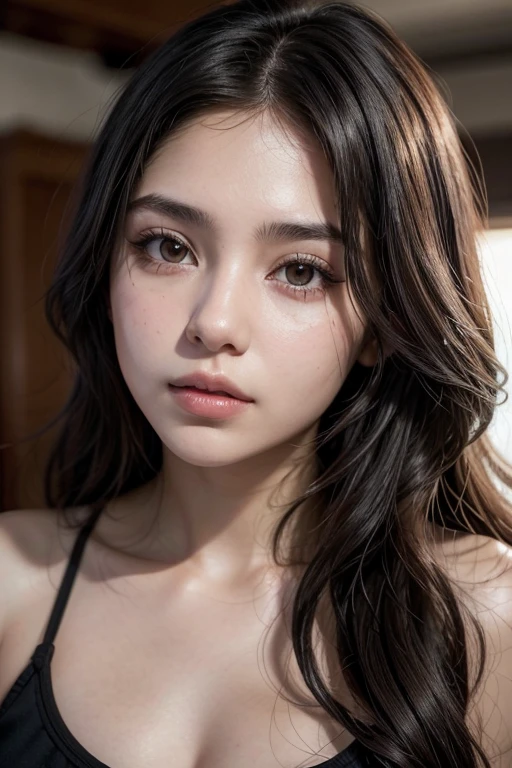 Generates a 20 year old Mexican girl, White skin, black wavy hair, Brown eyes, thick lips, ultra realistic, frontal photo, de fondo una recamara