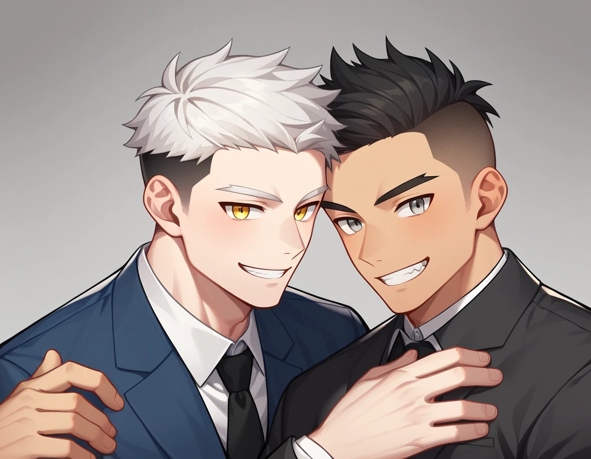 2 young men, focus man , Yaoi, pair, portable princess, bear, look elsewhere, smile, lizard demon, short hair, white hair, yellow eyes, businessman, black hair, Undercut style, gray eyes , The best aesthetics , best quality, Amazing quality, The best aesthetics, nonsense,dark