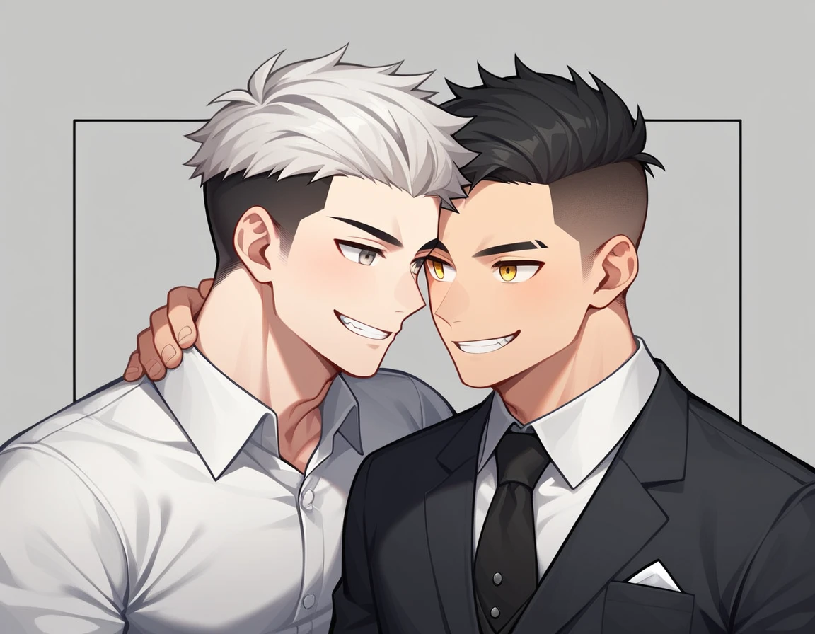 2 young men, focus man , Yaoi, pair, portable princess, bear, look elsewhere, smile, lizard demon, short hair, white hair, yellow eyes, businessman, black hair, Undercut style, gray eyes , The best aesthetics , best quality, Amazing quality, The best aesthetics, nonsense,dark