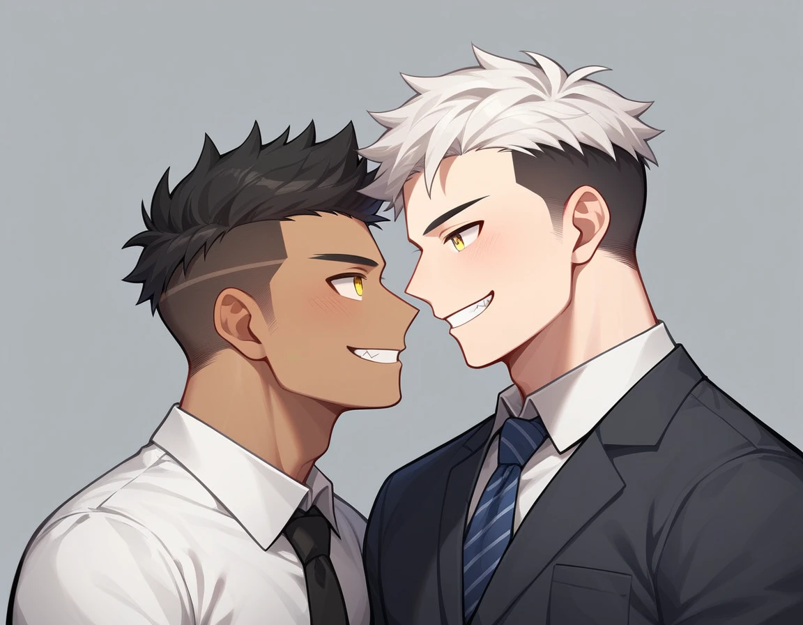 2 young men, focus man , Yaoi, pair, portable princess, bear, look elsewhere, smile, lizard demon, short hair, white hair, yellow eyes, businessman, black hair, Undercut style, gray eyes , The best aesthetics , best quality, Amazing quality, The best aesthetics, nonsense,dark