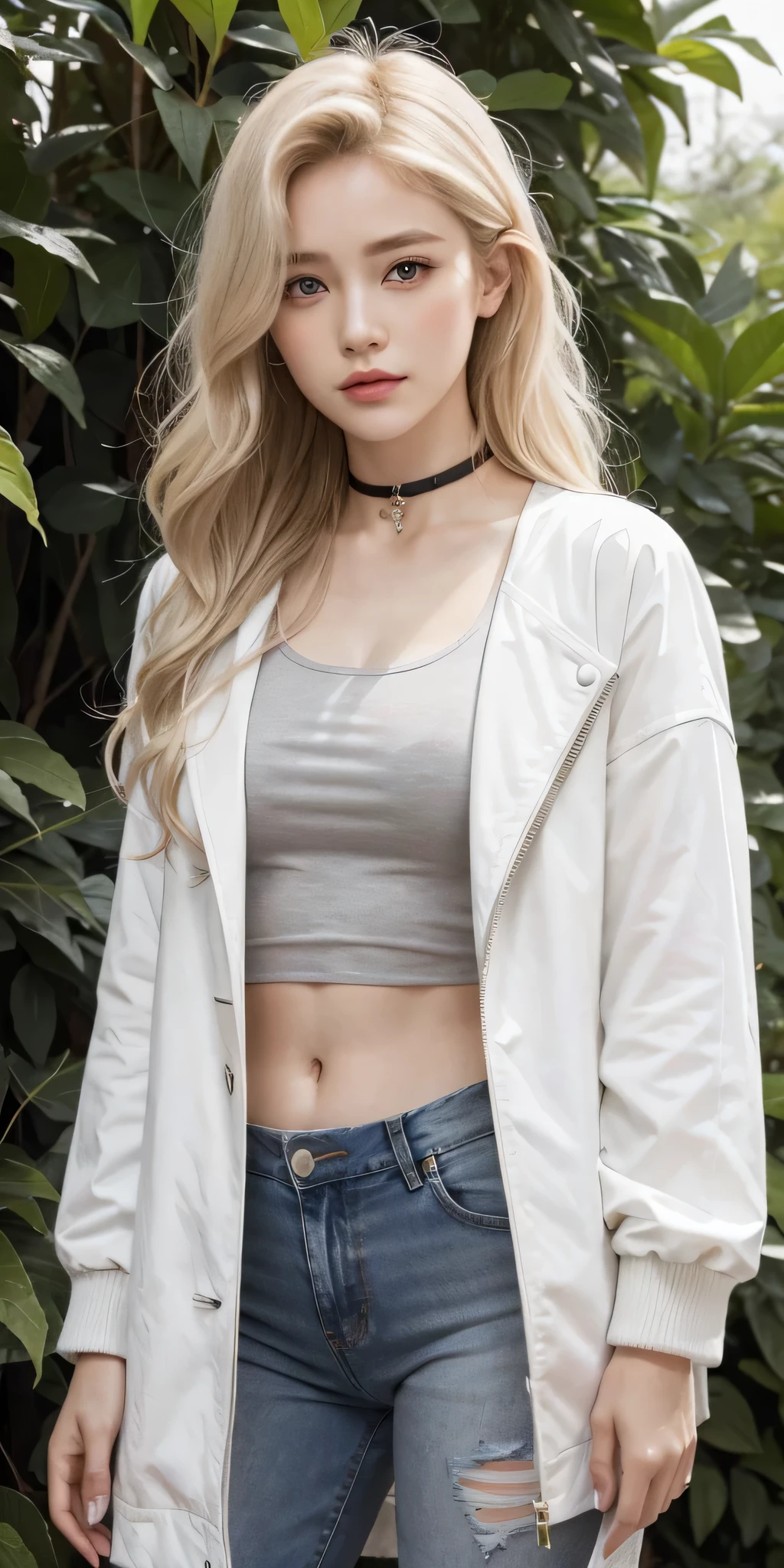 1girl, medium breasts, blonde hair, long hair, wavy hair, grey eyes, white feathered wings, angel, outdoors, white jacket, choker, tank top, jeans