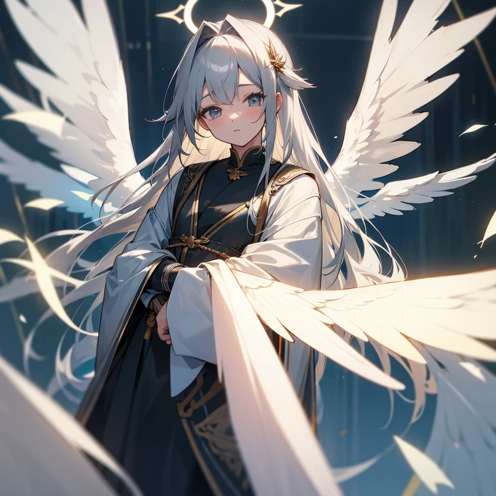 Gray Hair　Lots of decorations in the hair、God Aura、
Angel Halo、wing、from the front、High Definition Head to Shoulders