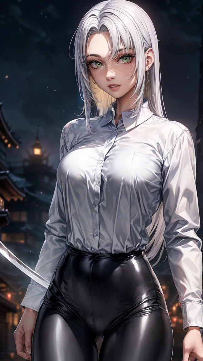 ((monsters looming:1.7、Woman fighting zombies))、((perfect anatomy,realist:1.3,raw photography:1.3,Masterpiece、of the highest quality、Ultra - high resolution、high resolution、Very detailed CG、8k)),cowboy shot,1 female,Alone,18 years、High school girl swordsman、18 yearsの美少女,Japanese,(((Beautiful face and detailed eyes:1.3,big and beautiful eyes:1.5,grey eyes,shy))),black fur, wide,(center parted hair,forehead),(big breasts, Skinny body,small head:1.3,Skinny),((Oily skin)),(glowing skin,shiny skin),(shiny black leggings、(white long sleeve collared shirt:1.4)、dynamic pose,Cut zombies with a sword、Fighting with Japanese swords、Accurately depicted Japanese sword、callejon、At night、Moonlight、SUCH、