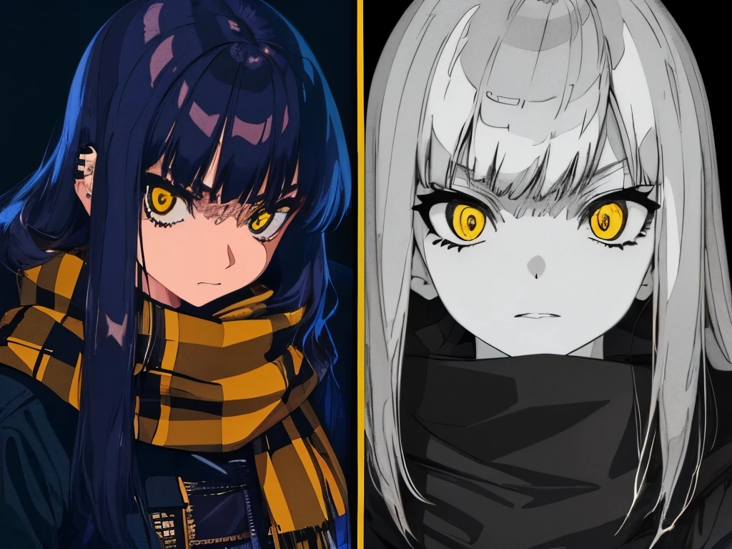 a badass girl, 1girl, detailed facial features, piercing yellow eyes, yellow scarf, intimidating expression, sharp gaze, dynamic pose, dark clothing, cinematic lighting, high contrast, moody atmosphere, gritty urban setting, realistic rendering, 8k, best quality, masterpiece