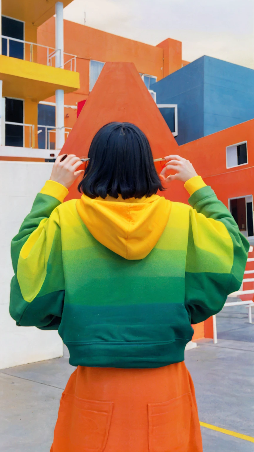 1 girl, beautiful, ultra high resolution,UHD,black bob hair, almond eye, no makeup, wear ((oversized orange hoodie)), ((oversize_hoodie)), peach tennis skirt, in front of ((80's mondrian (red,blue,yellow,green color) architecture motel)),(from below:1.2), (realistic:1.1), (surreal:1.2), (very detailed:1.1), ((masterpiece)), summer, blue sky, (palm trees),sunny, los angles vibes,