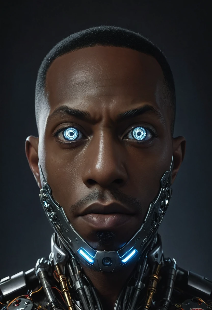 cinematic closeup front facing portrait of shawt a black man as a cyborg from dc comics, highly detailed cybernetic face, glowing cybernetic eyes, intricate mechanical parts, metallic skin, complex circuitry, futuristic design, dark moody lighting, dramatic shadows, cinematic composition, realistic rendering, hyper detailed, 8k, photorealistic
