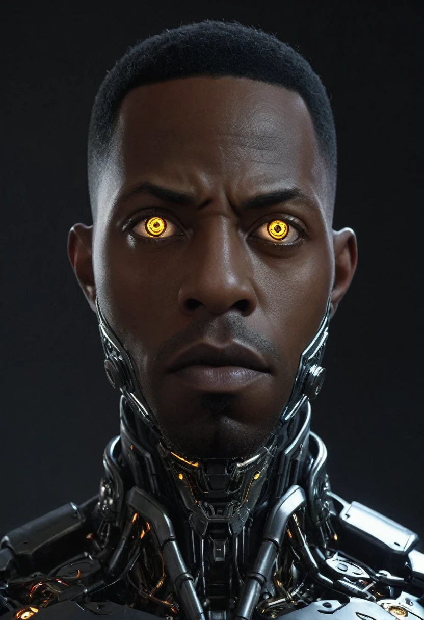 cinematic closeup front facing portrait of shawt a black man as a cyborg from dc comics, highly detailed cybernetic face, glowing cybernetic eyes, intricate mechanical parts, metallic skin, complex circuitry, futuristic design, dark moody lighting, dramatic shadows, cinematic composition, realistic rendering, hyper detailed, 8k, photorealistic