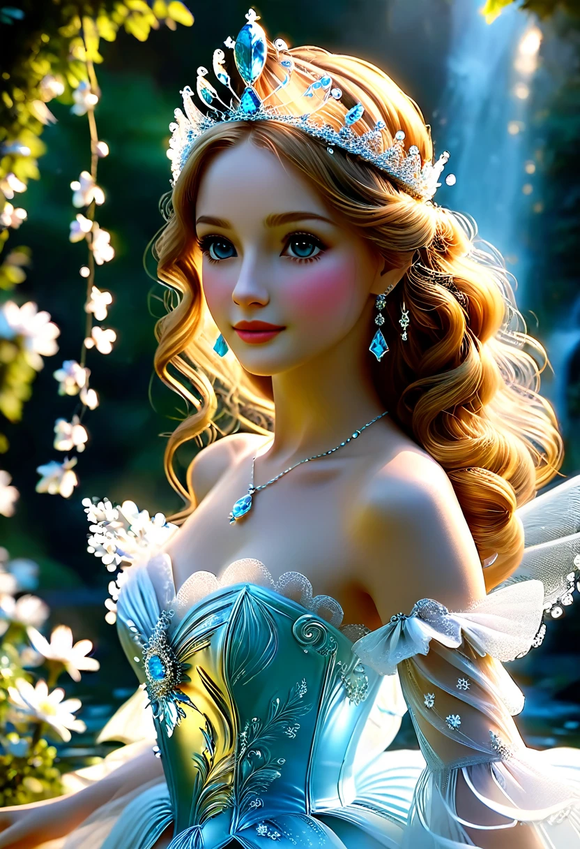 Une sublime couronne en dentelle d'eau gelée finement ciselée et ajourée offre le pouvoir à une rayonnante reine heureuse et sensuelle, sublime reine 35ans couronnée heureuse radieuse et rayonnante, elle marche vers moi dans une grande forêt luxuriante, (proportions parfaites, masterpiece, hyperRéaliste, masterpiece, superior quality, high resolution, Extremely detailed, highly detailed 8K wallpaper, détails fractales)