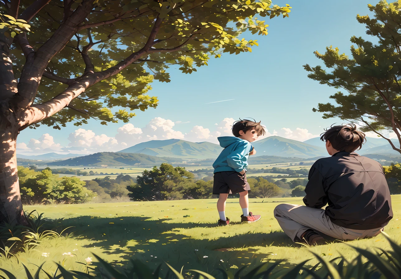 tmasterpiece,Best picture quality,super high image quality,Ultra-high resolution,countryside,uth,1 littern clothing,Young people climb trees,Reach for the nest,Little boy unde,Look up at the people in the trees,Realistic style,Faraway view,in a panoramic view,32k,