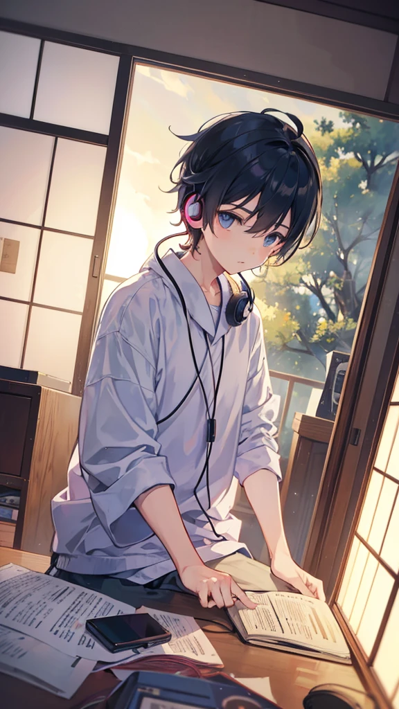 A boy studying in his room while listening to music with headphones。Warm lighting。Outside the room is Tokyo at night。Japanese anime style。
