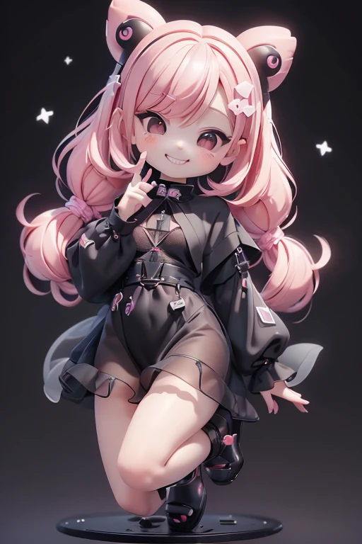 High quality、（Perfect Anatomy）、（Perfect human anatomy）、Perfect balance、Perfect finger shape、Pink Hair , , Realistic, One cute girl, Very cute、, slightly smaller eyes、、（Plump lips）、A small front tooth is visible、smile、(((Black jet black eyes)))、Gothic、（((Full Body Shot))）、Young appearance、Slender、((Petite girl))、Lace fabric、See-through、(((Small breasts))),plastican00d、sticker、full body, chibi,