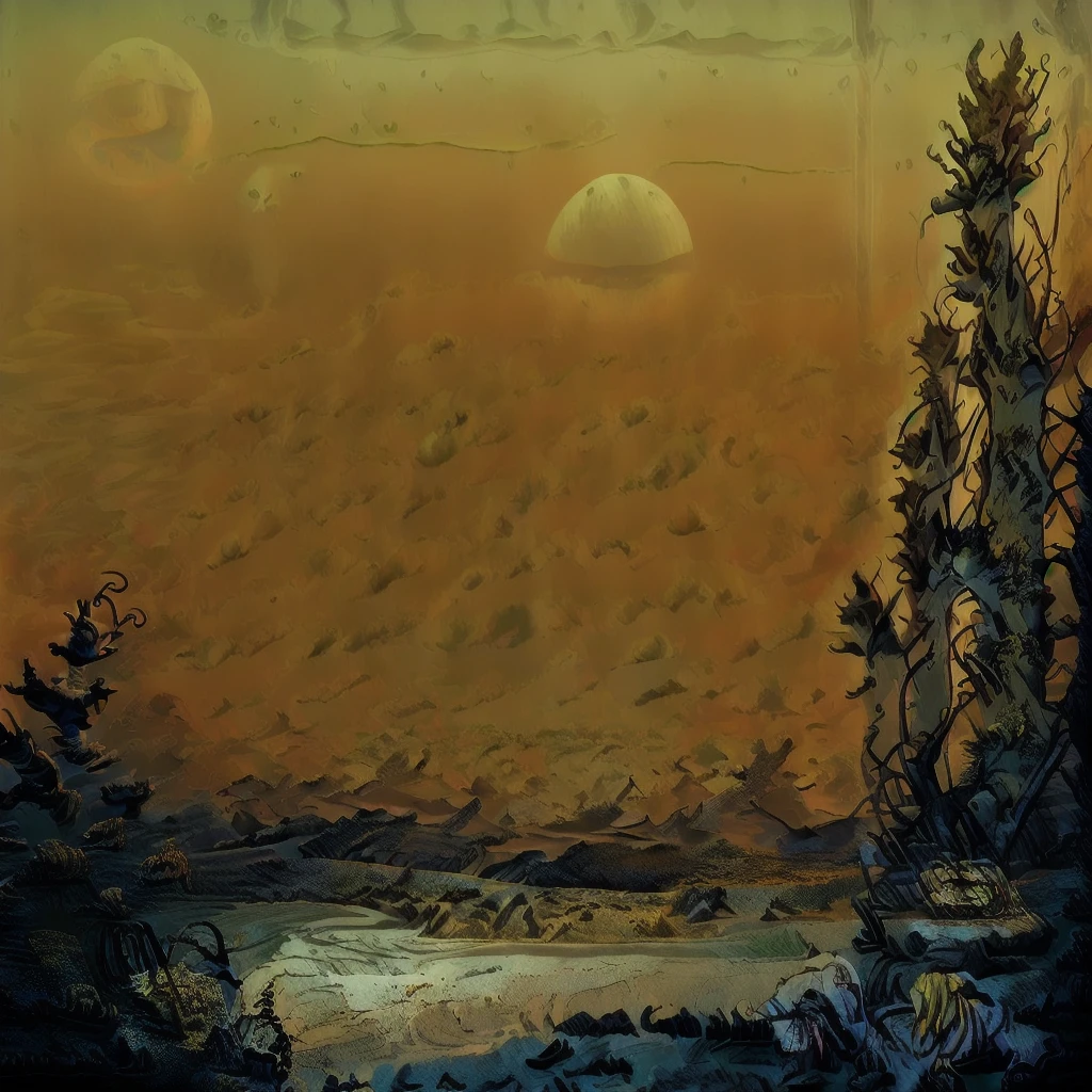 (DSLR photo), CosmicLandscapes, retro, (mysterious), blue sky, ((desert)), ((fog)), strange growths, (painting of alien landscape), moon, ocean, mountains on horizon, (alien plants), o chão é totalmente feito de água, mountains, gas giant in sky, shadows, stark, eerie, silence, stillness, fading light, fading glow, chiaroscuro, beautifully lit, cinematic lighting, dramatic lighting, natural lighting, naturalism, ((((golden ratio)))), detailed, 8K, by Bruce Pennington, Danny Flynn