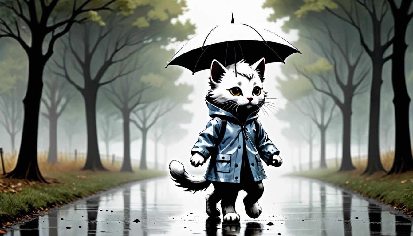 (photo cinematic), (((raining))), anthropomorphic, cute white kitten, raincoat, misty park, walking, listening to music on headphones, 2D, silhouette, Jean-Baptiste Monge style, Alan Lee style